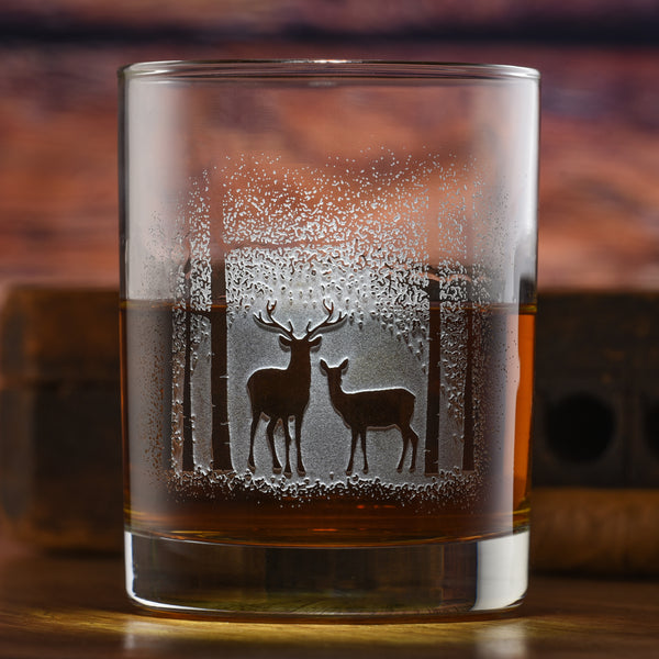 Deep Carved Deer in the Woods Standard Rocks Glass