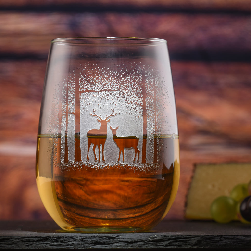 Deer in the Woods Stemless Wine Glass Set of 2