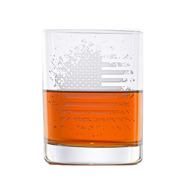 Deep Carved Tattered Flag Patriotic Standard Rocks Glass