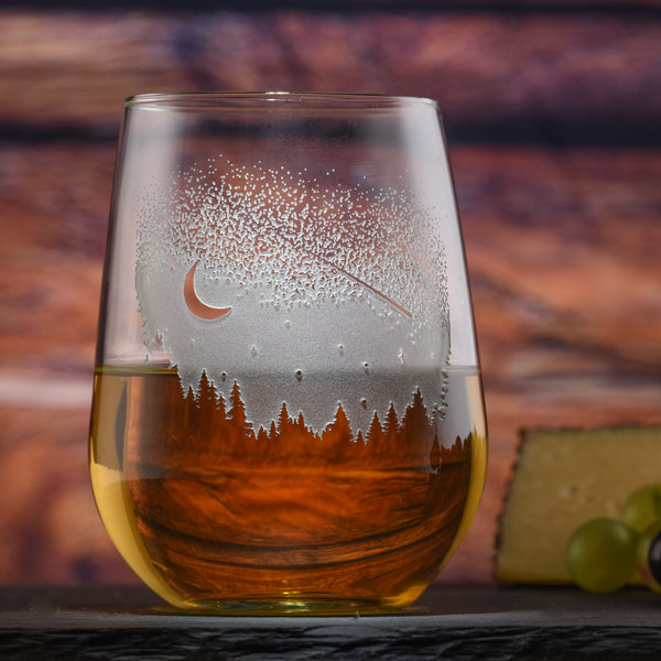 Deep Carved Shooting Star and Moon Stemless Wine Glass
