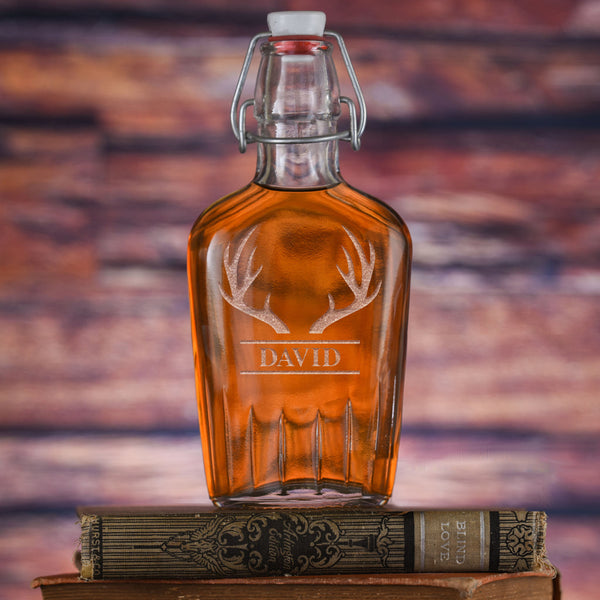 Engraved Custom Whiskey Flask Gift With Antlers and Name