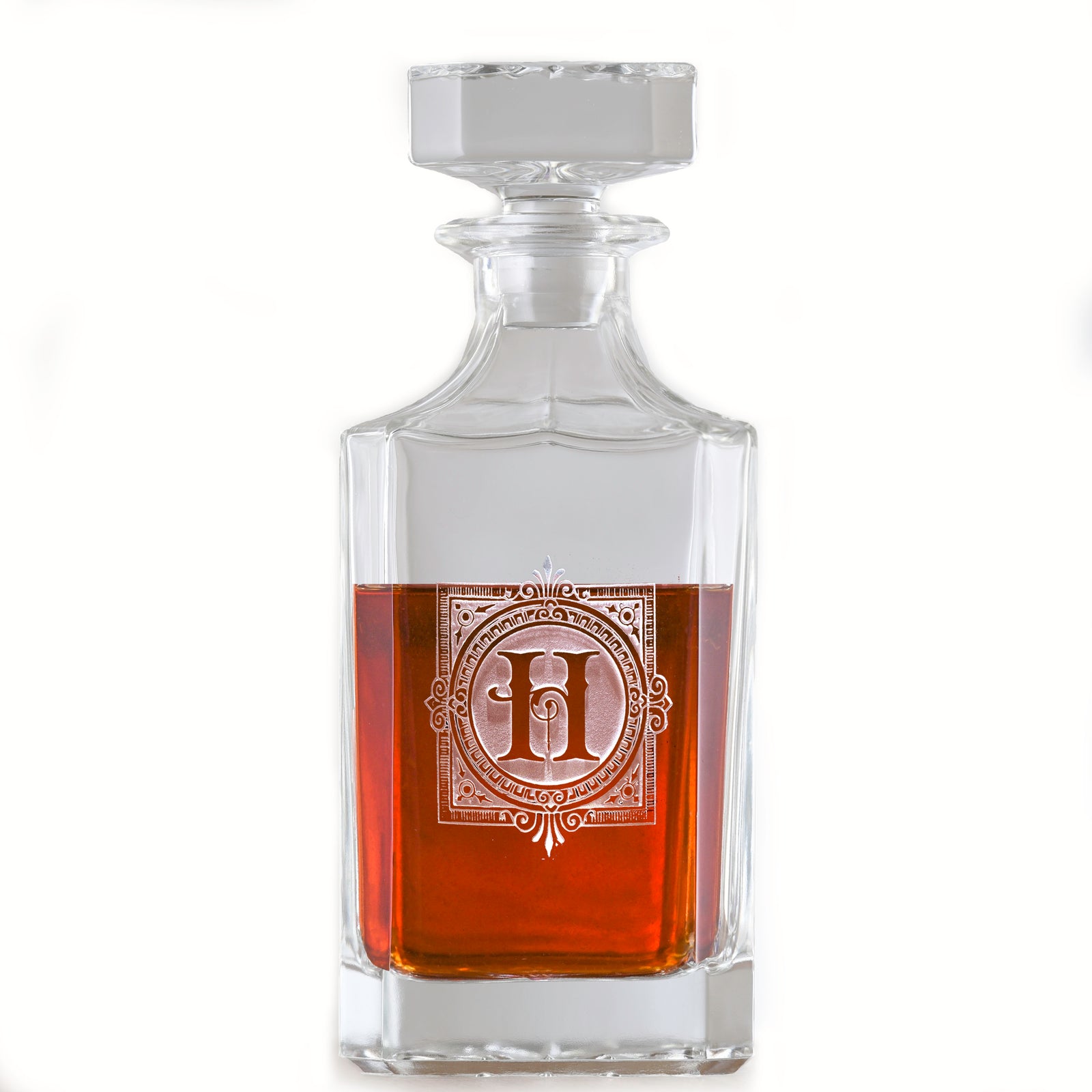 Ornate Monogram Etched Square Whiskey Decanter