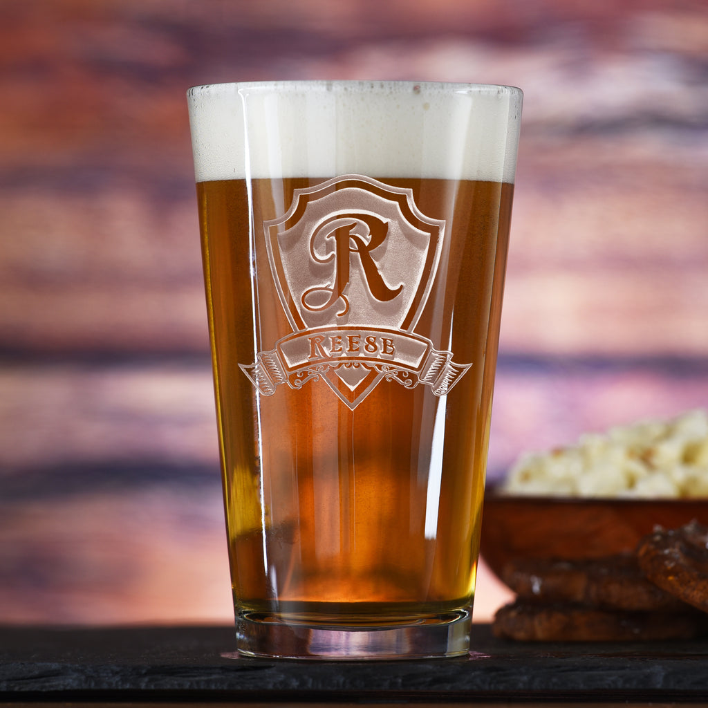 Shield Pub Glass – Deep Sand-Carved Personalized Pint