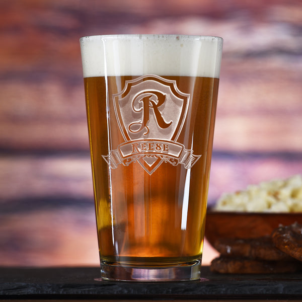Shield Pub Glass – Deep Sand-Carved Personalized Pint
