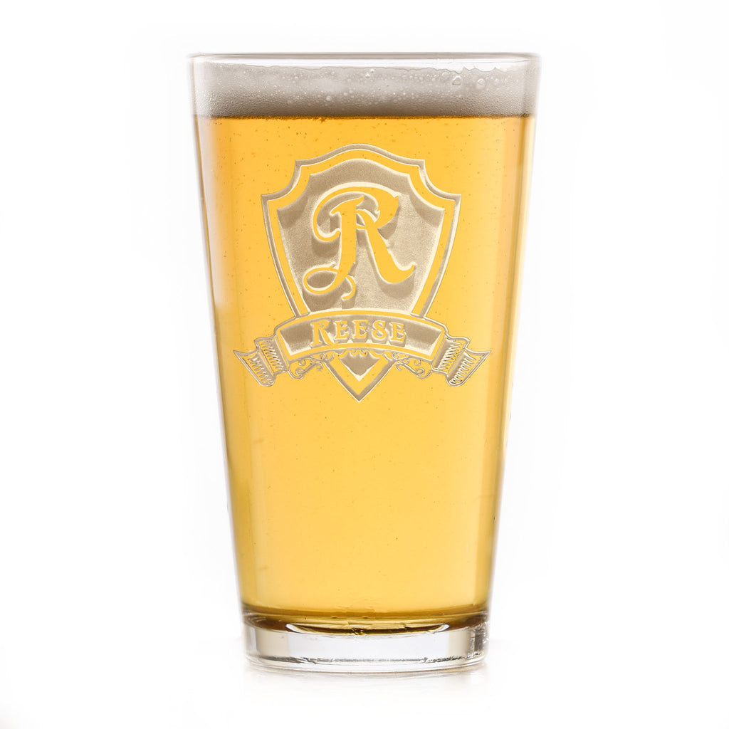 Shield Pub Glass – Deep Sand-Carved Personalized Pint