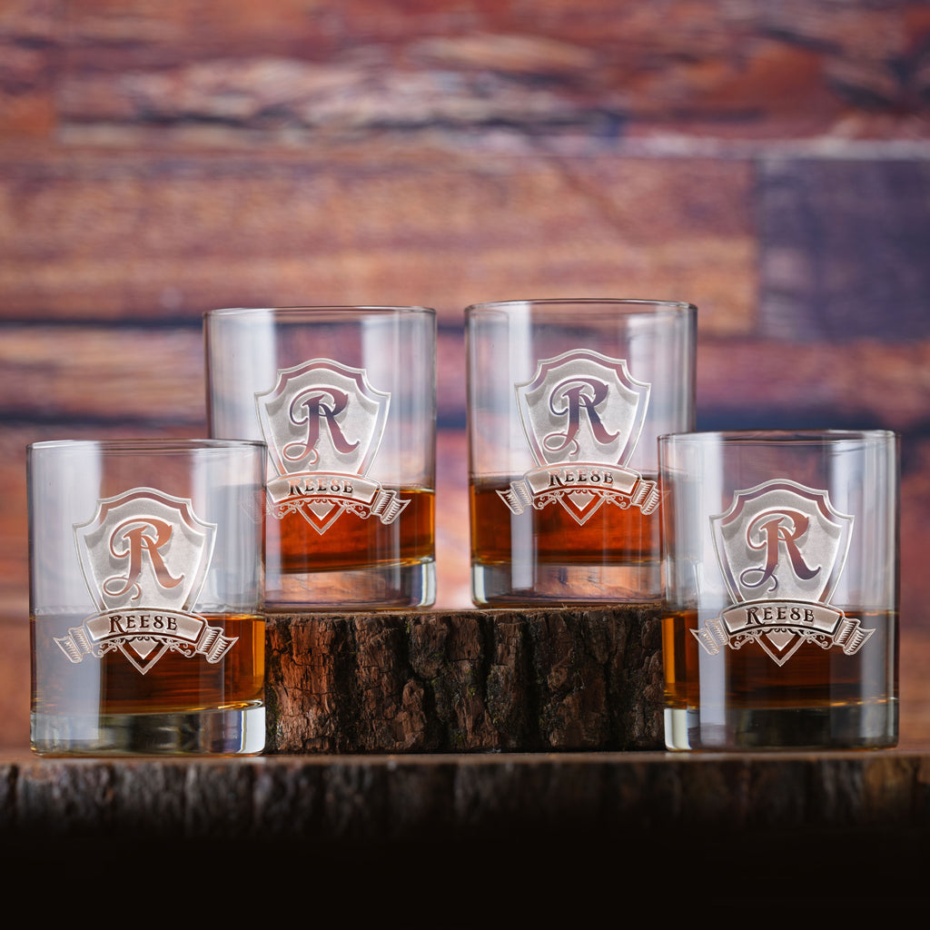 Whiskey Glasses, Scotch Bourbon Engraved Personalized SET of 4