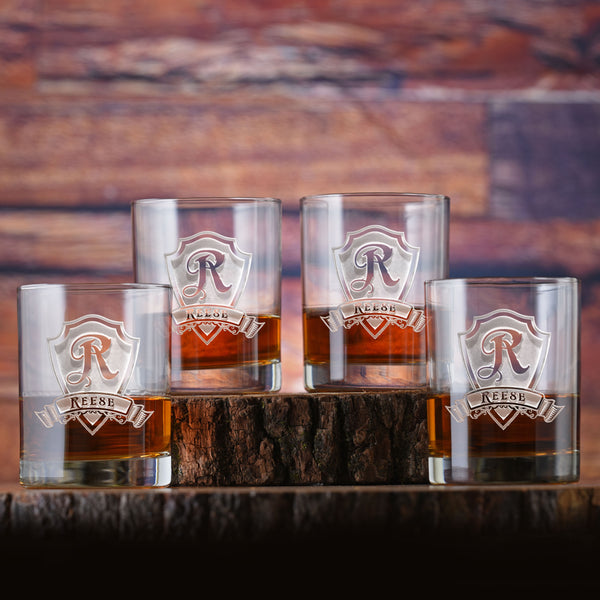 Whiskey Glasses, Scotch Bourbon Engraved Personalized SET of 4