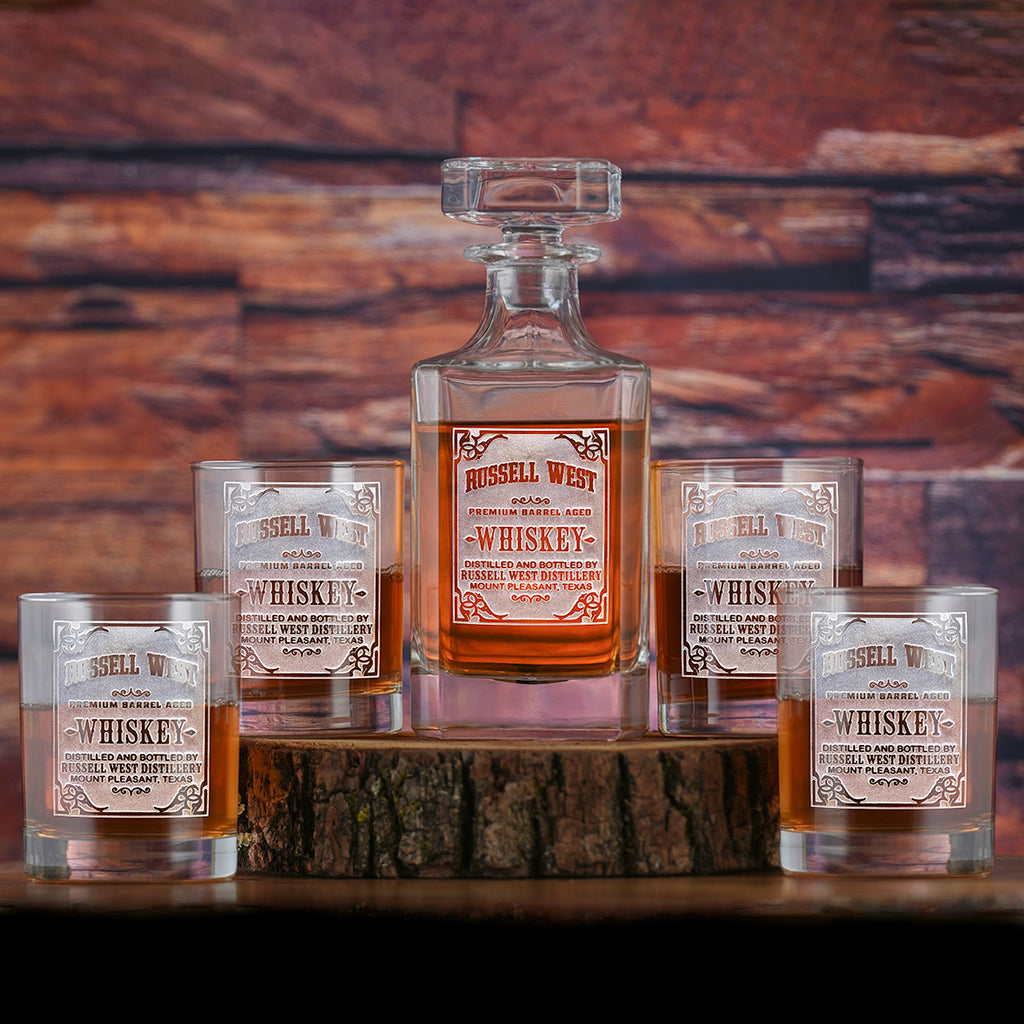 Etched Whiskey Label Decanter and Glasses Gift Set