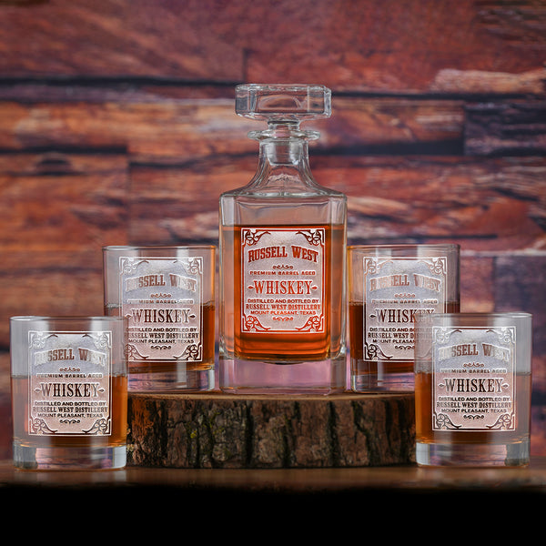 Etched Whiskey Label Decanter and Glasses Gift Set