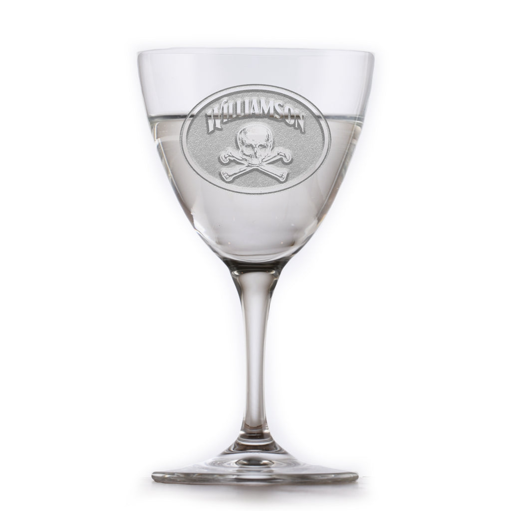 Skull and Bones Nick and Nora Crystal Martini Glass Engraved