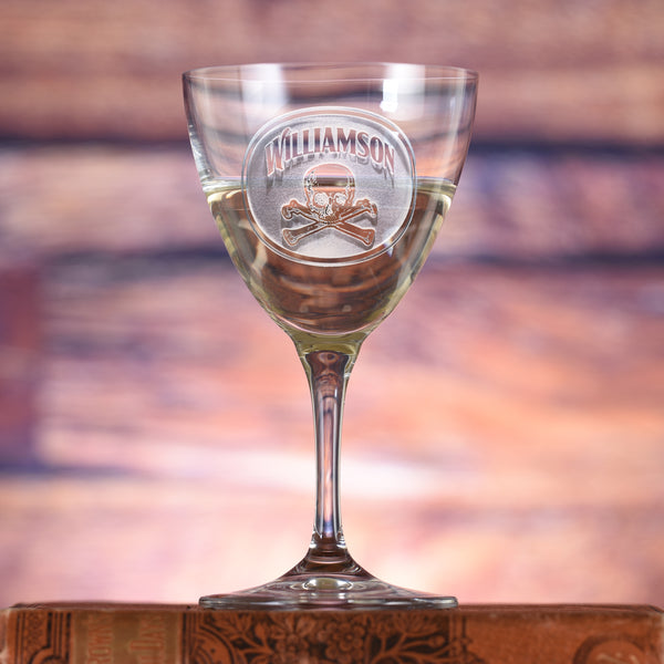 Skull and Bones Nick and Nora Crystal Martini Glass Engraved