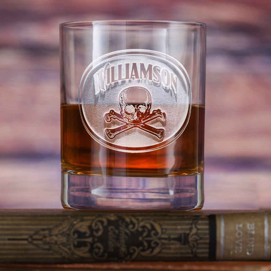 Engraved Skull & Crossbones, Stolzle Crystal Rocks, DOF Glass