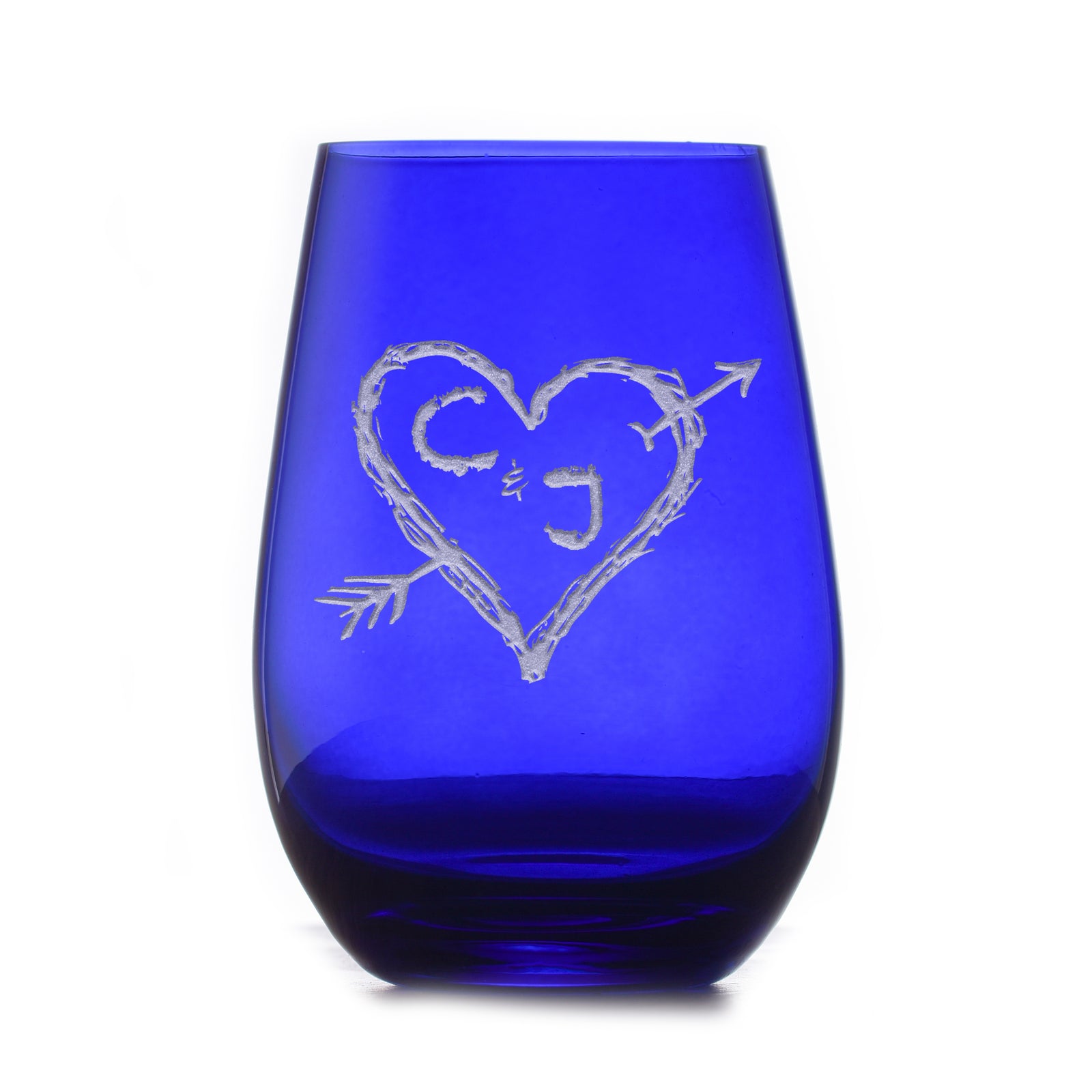 Heart & Arrow Lovers, Etched, Blue Stemless Wine Glass