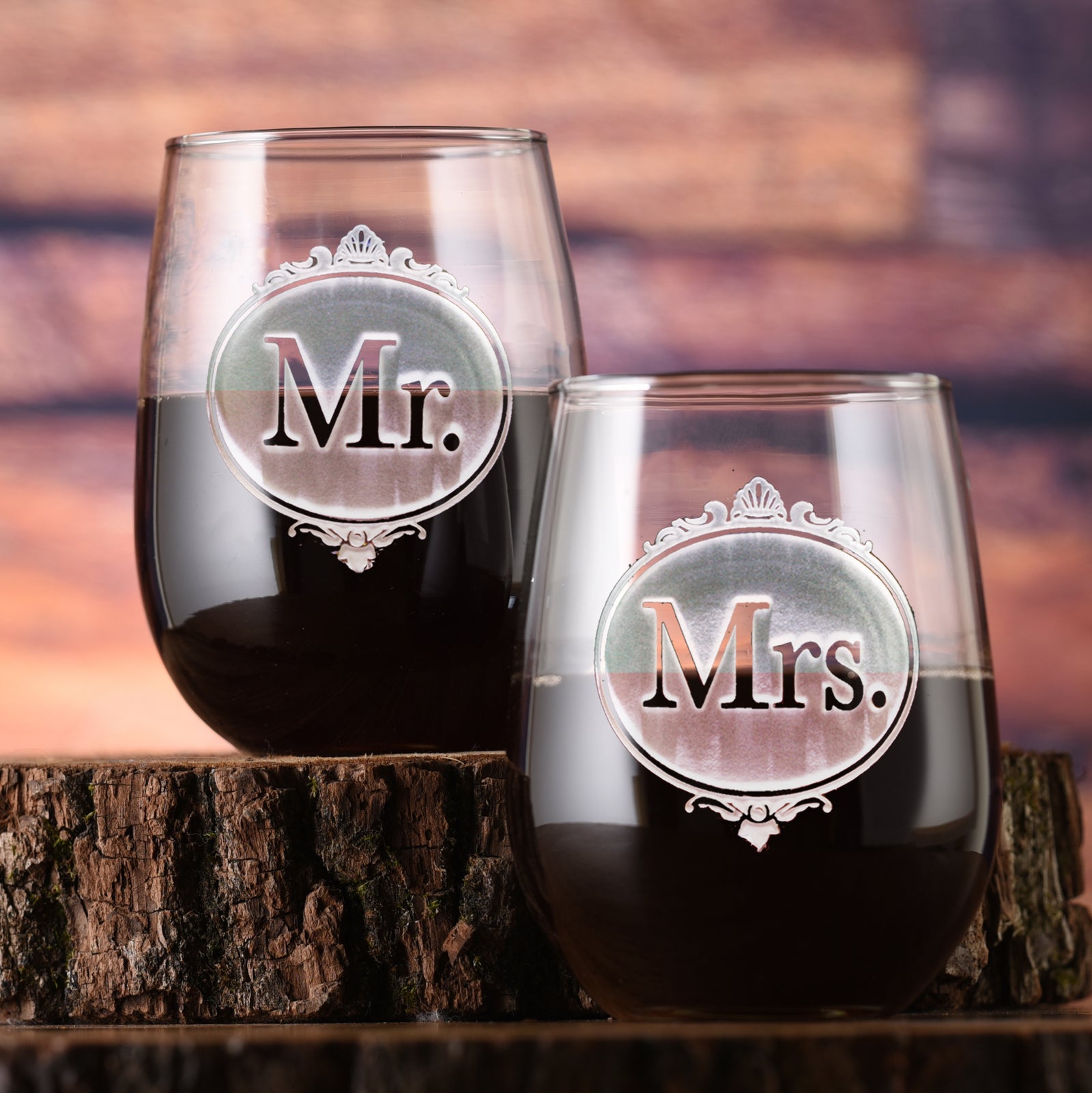 Engraved Mr & Mrs Stemless Wine Glasses