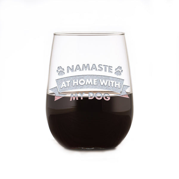 Namaste At Home With My Dog, Social Distancing Stemless Wine Glass