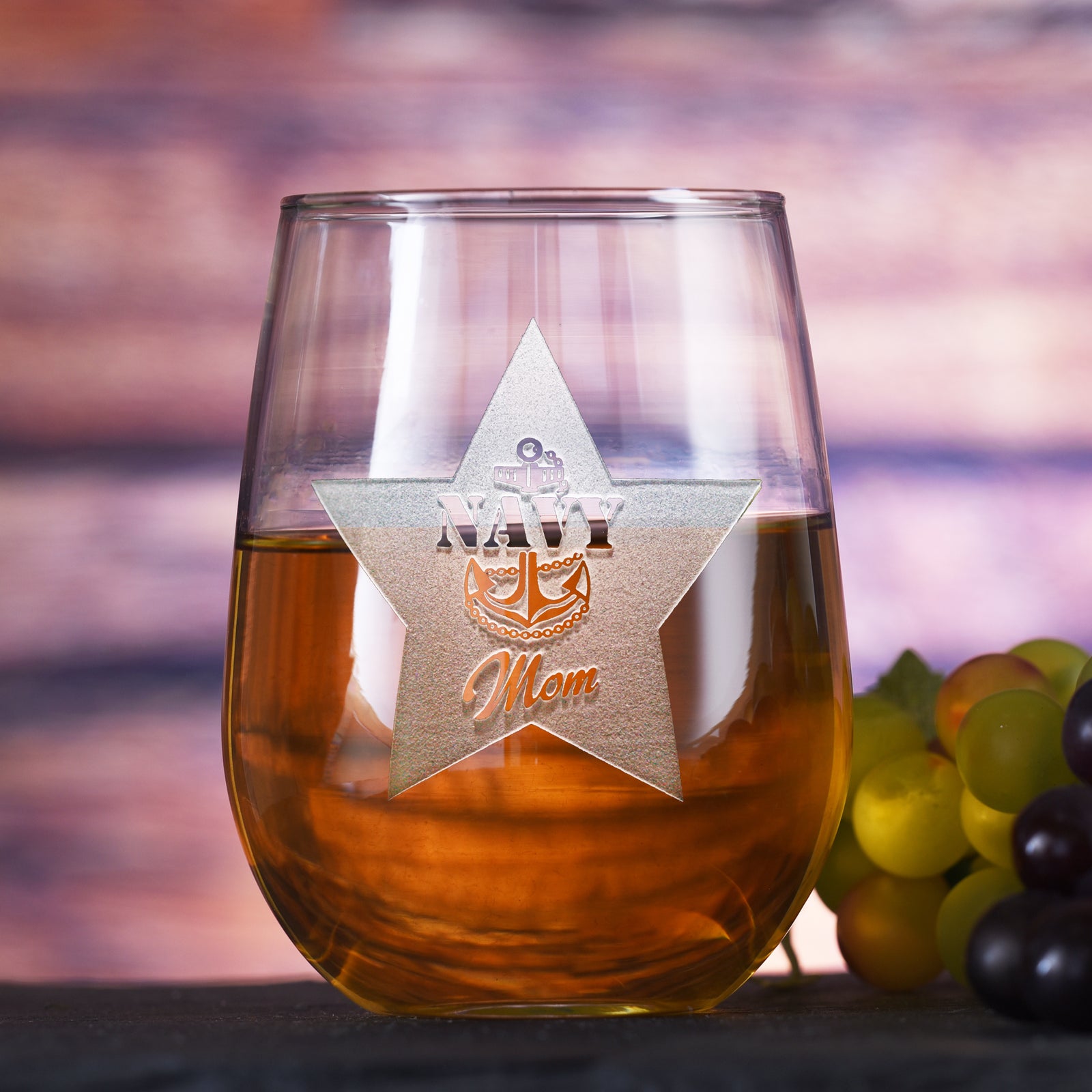 Navy Mom, Stemless Wine Glass