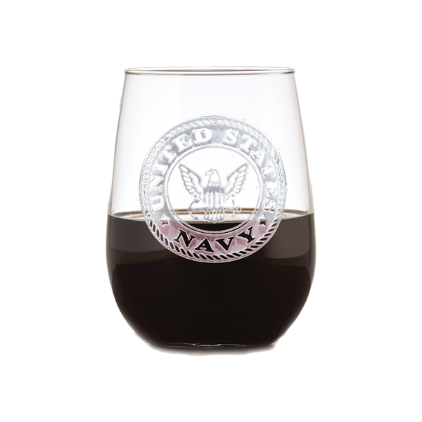 Deep Carved Navy Logo Stemless Wine Glass