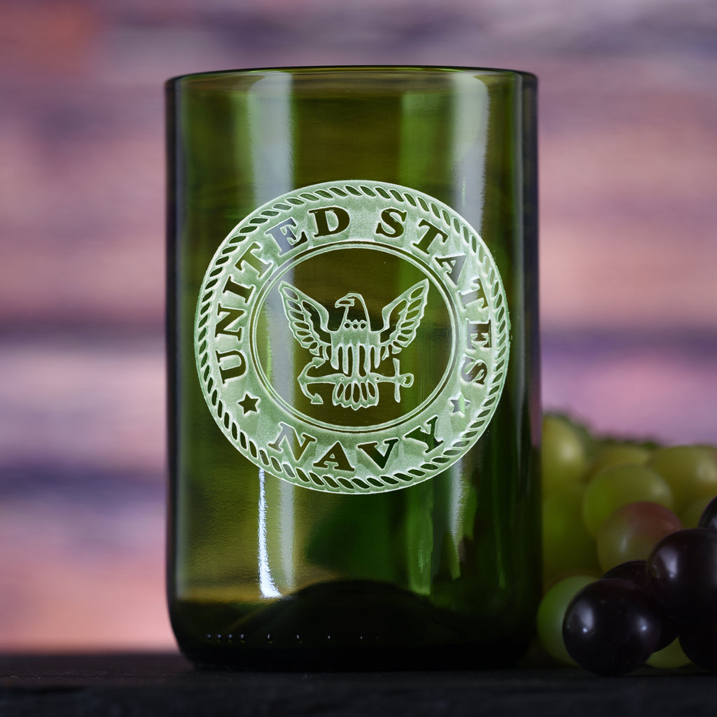 Navy Gift for Sailor, Engraved Green Wine Bottle Glass