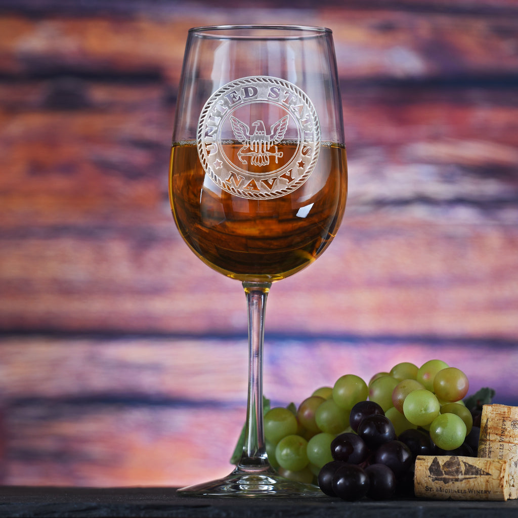 Engraved Etched Navy Wine Glasses