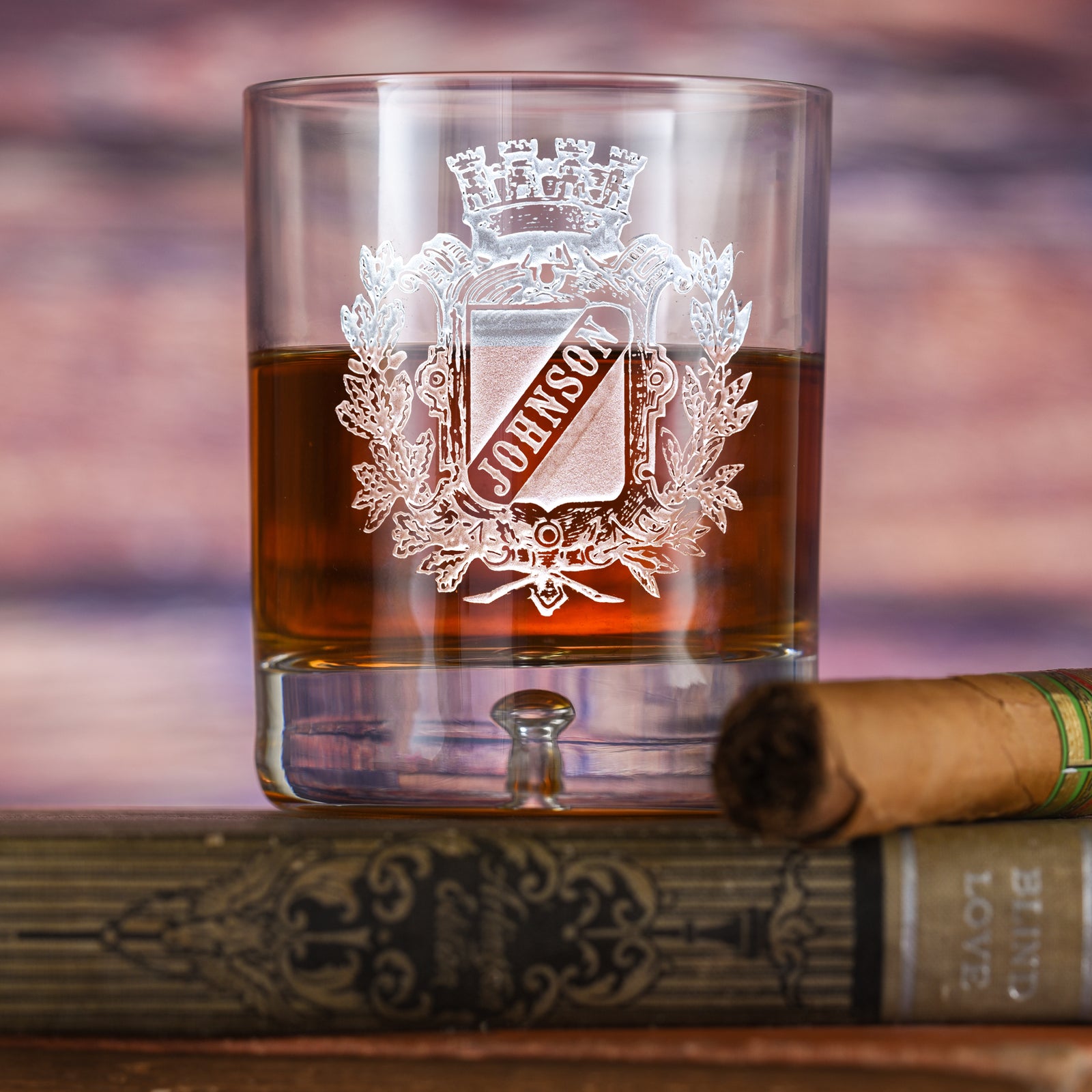 Engraved, Family Crest Coat-of-Arms, Crystal Bourbon Glass Set