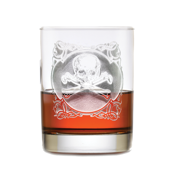 Deep Carved Skull and Bones Standard Rocks Glass