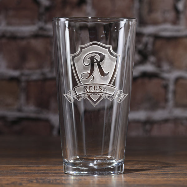 Shield Pub Glass – Deep Sand-Carved Personalized Pint