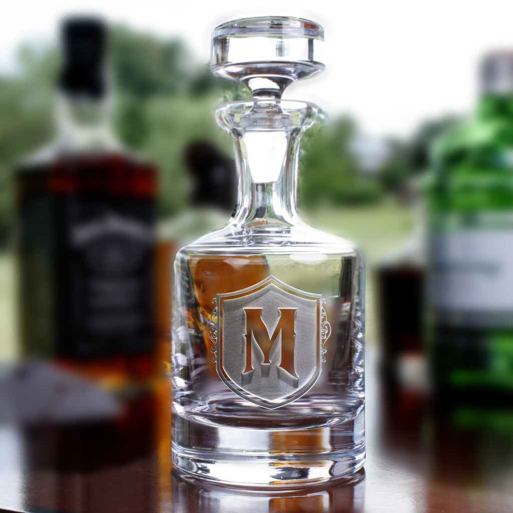 Monogram Shield with Letter Engraved Whiskey Scotch Decanters
