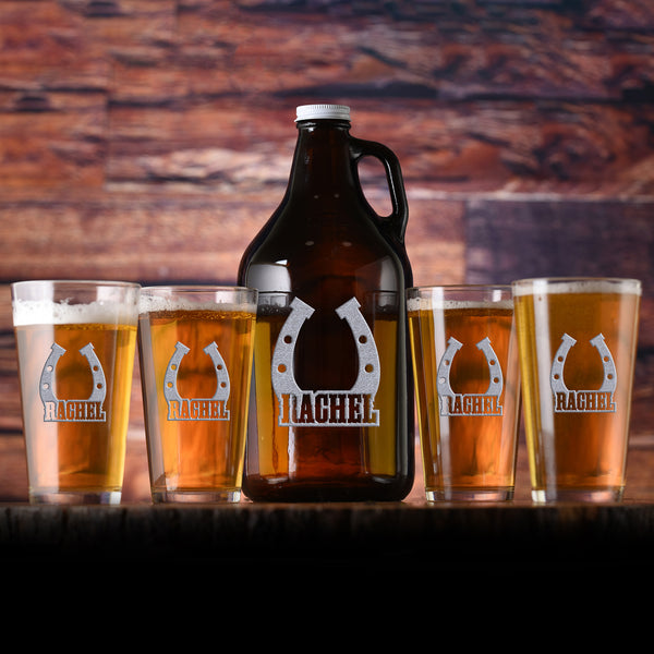 Personalized Horseshoe Beer Growler & Pint Glass Gift Set