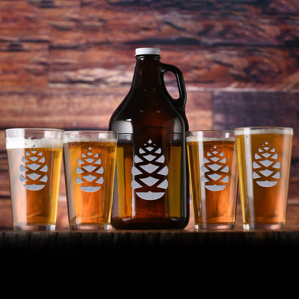 Engraved Pinecone Beer Growler & Pint Glass Gift Set