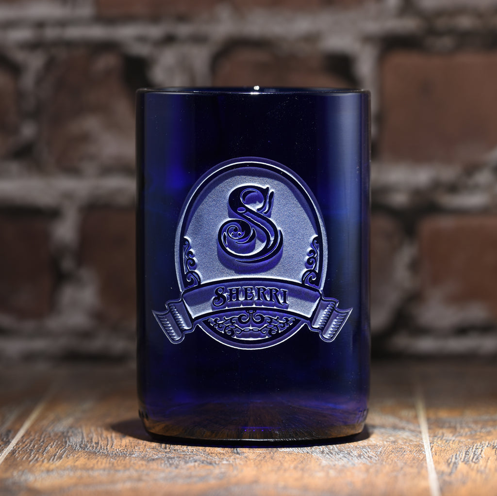 Engraved Cobalt Blue Recycled Wine Bottle Glass Tumbler