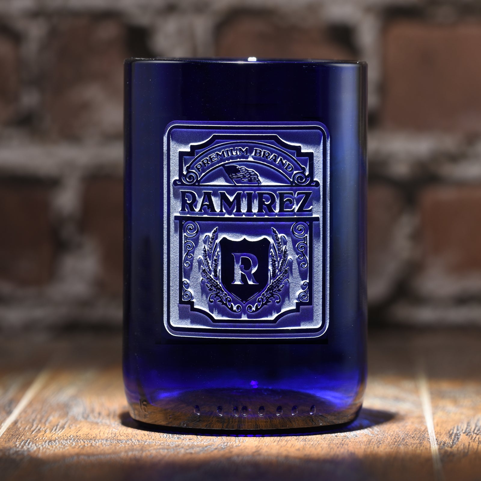 Premium Brand Label, Cobalt Blue, Recycled Wine Bottle Glass Tumbler, Engraved