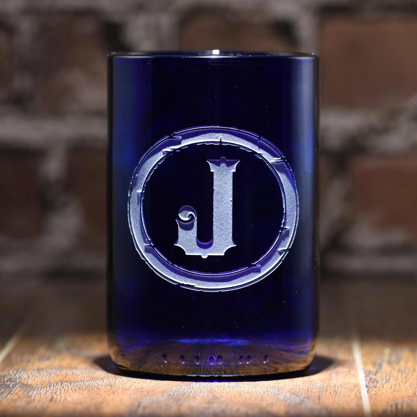 Initial in Circle, Engraved, Blue Recycled Wine Bottle Glass Tumbler