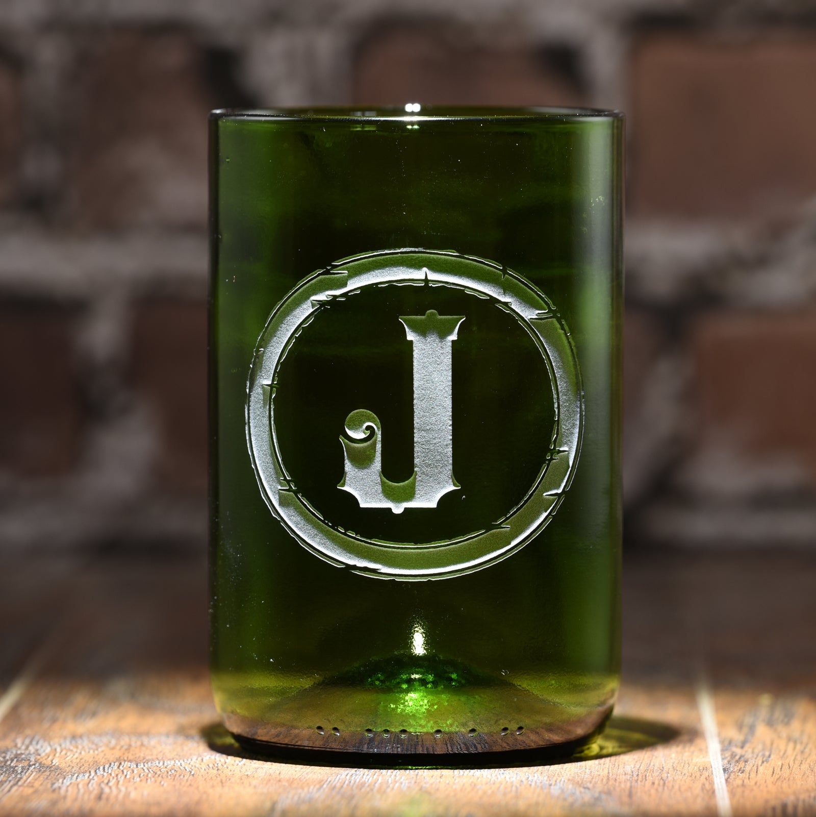 Initial in Circle, Engraved, Green Recycled Wine Bottle Glass Tumbler