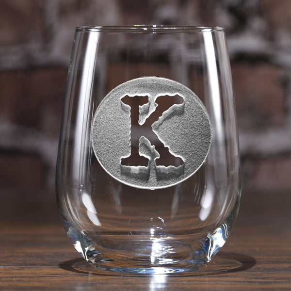 Typewriter Font Initial in Circle Stemless Wine