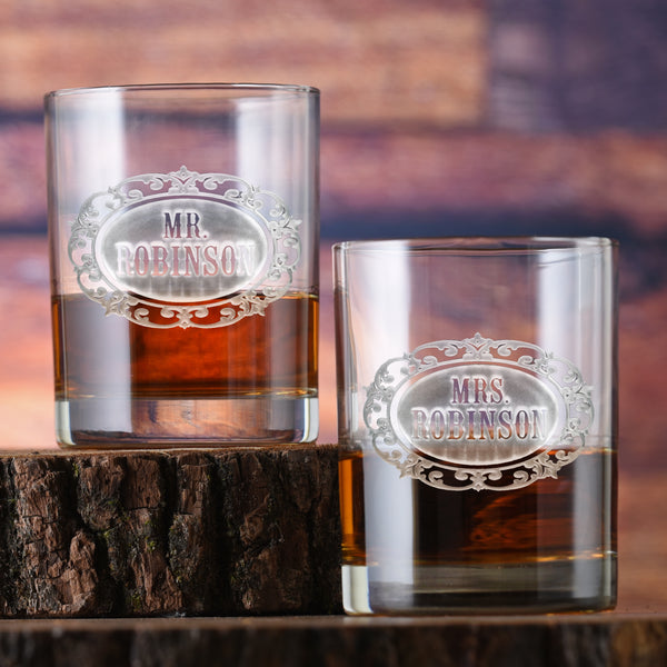 Mr. and Mrs. Personalized Engraved Scotch Whiskey Glass Set