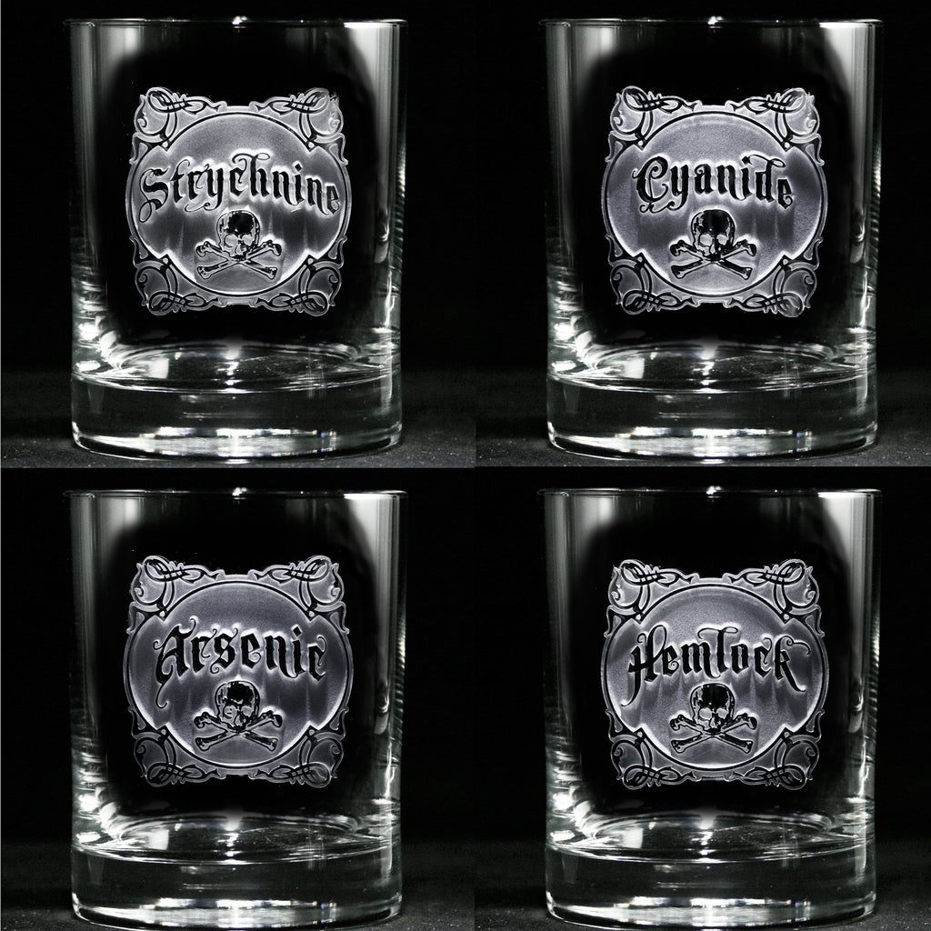 Engraved Name Your Poison Whiskey Scotch Glass Set, Arsenic, Cyanide