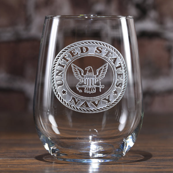 Engraved Navy Stemless Wine Glasses