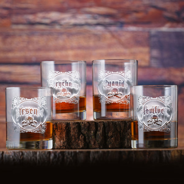 Engraved Name Your Poison Whiskey Scotch Glass Set, Arsenic, Cyanide