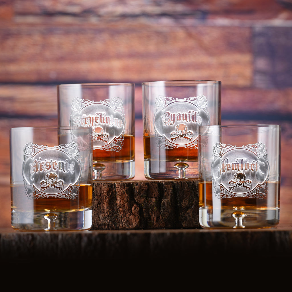 Engraved Name Your Poison Crystal Whiskey Glass Set, Arsenic, Cyanide