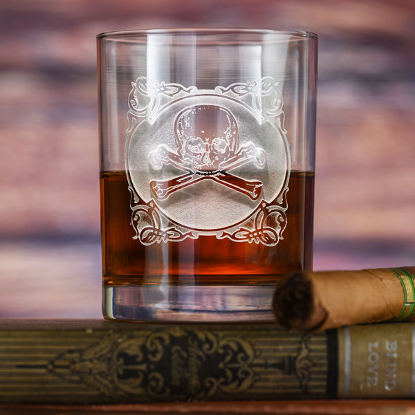 Deep Carved Skull and Bones Standard Rocks Glass