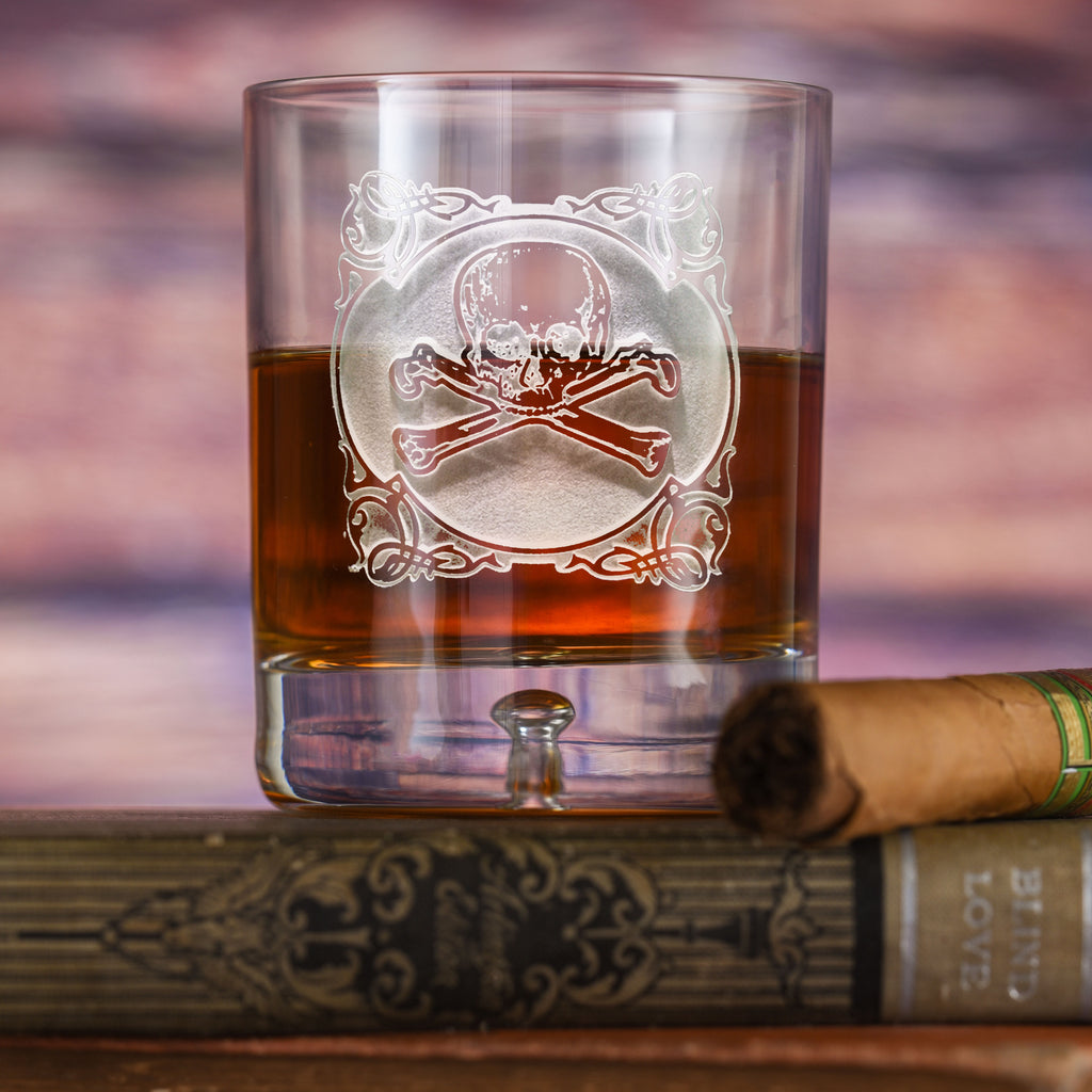 Engraved Skull and Bones Crystal Whiskey Glass