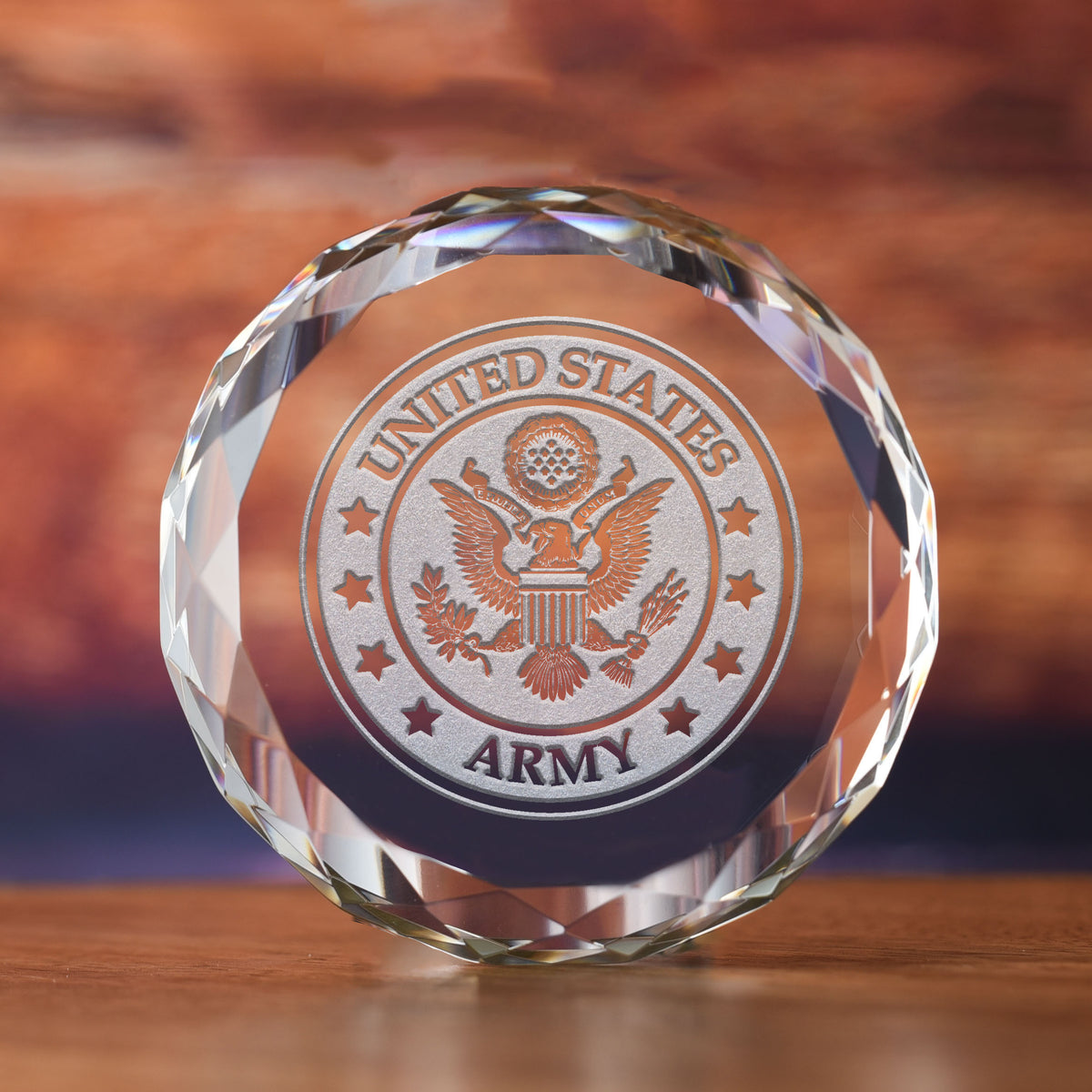 Army Seal Insignia, Crystal Paperweight Gift, Engraved