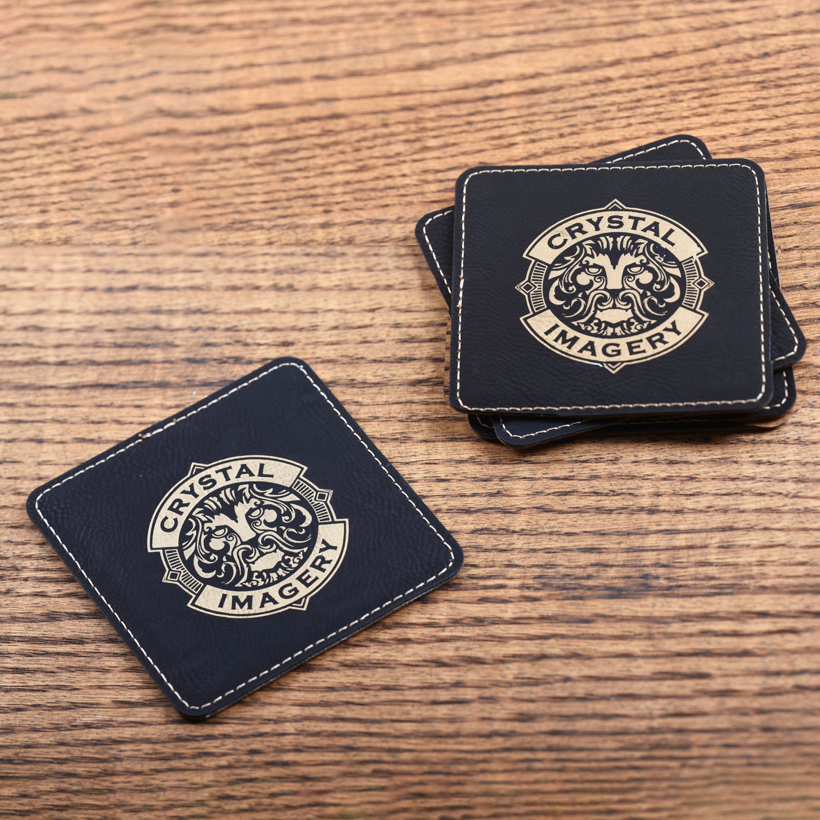 Laser Etched Logo, Black and Gold Leather Coasters (Set of 6)