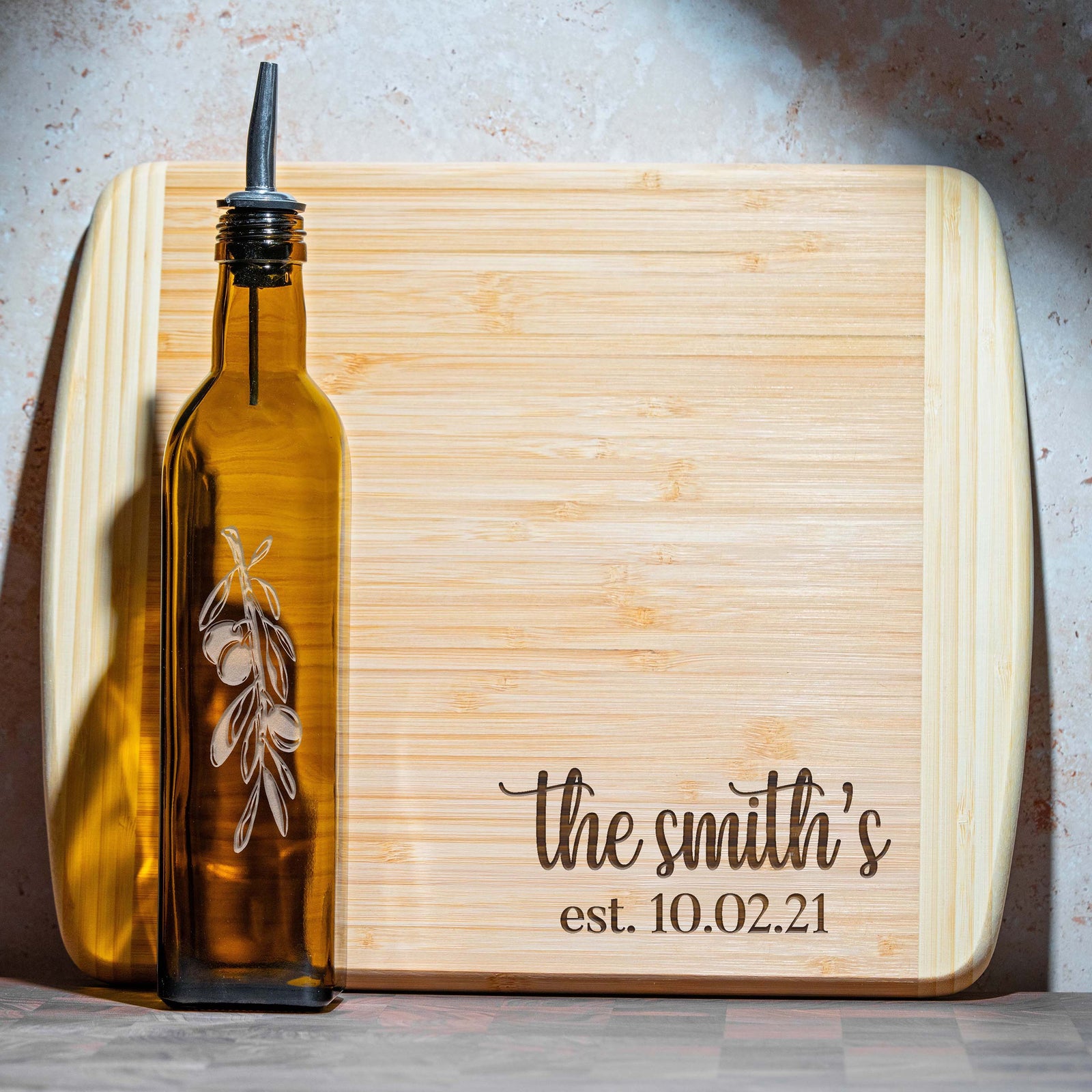 Personalized Bamboo Cutting Board & Engraved Olive Oil Bottle Gift Set