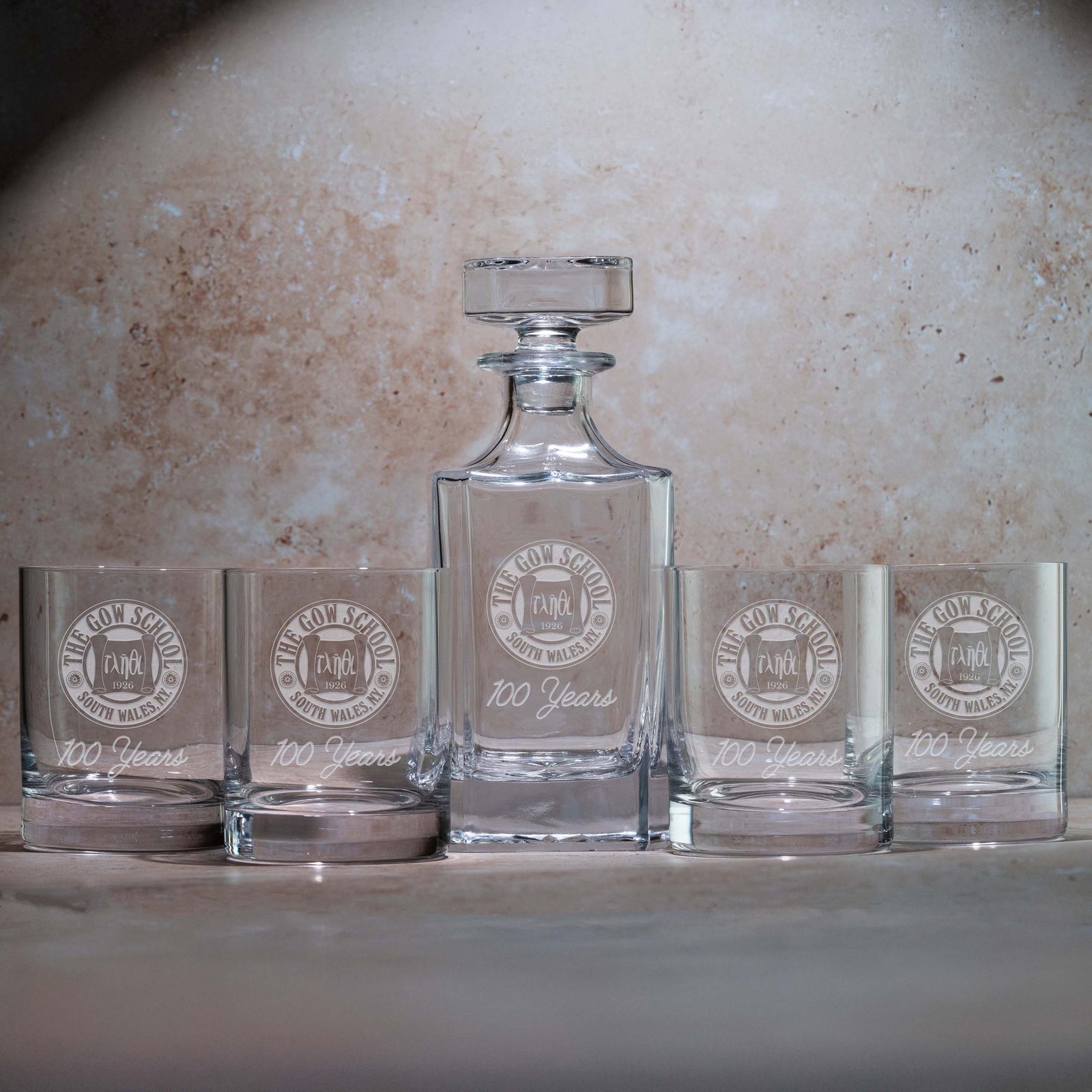 Gow Decanter and 4 whiskey glasses