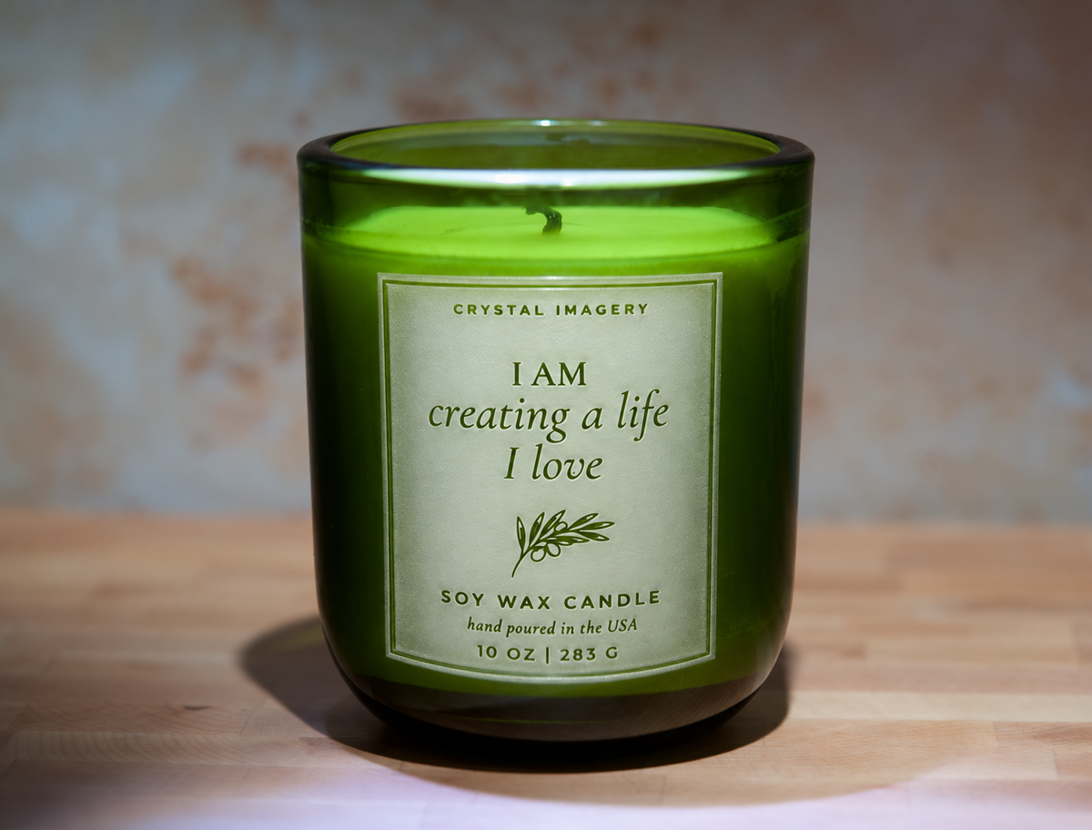 Affirmation Collection Mediterranean Candle – 10 oz Sandcarved Green Glass Candle