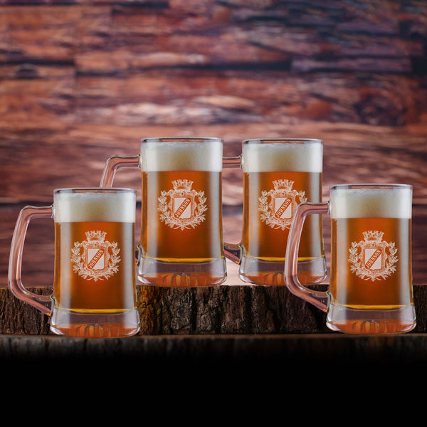 Laser Etched Family Crest Beer Mug Glass Gift Set of 4