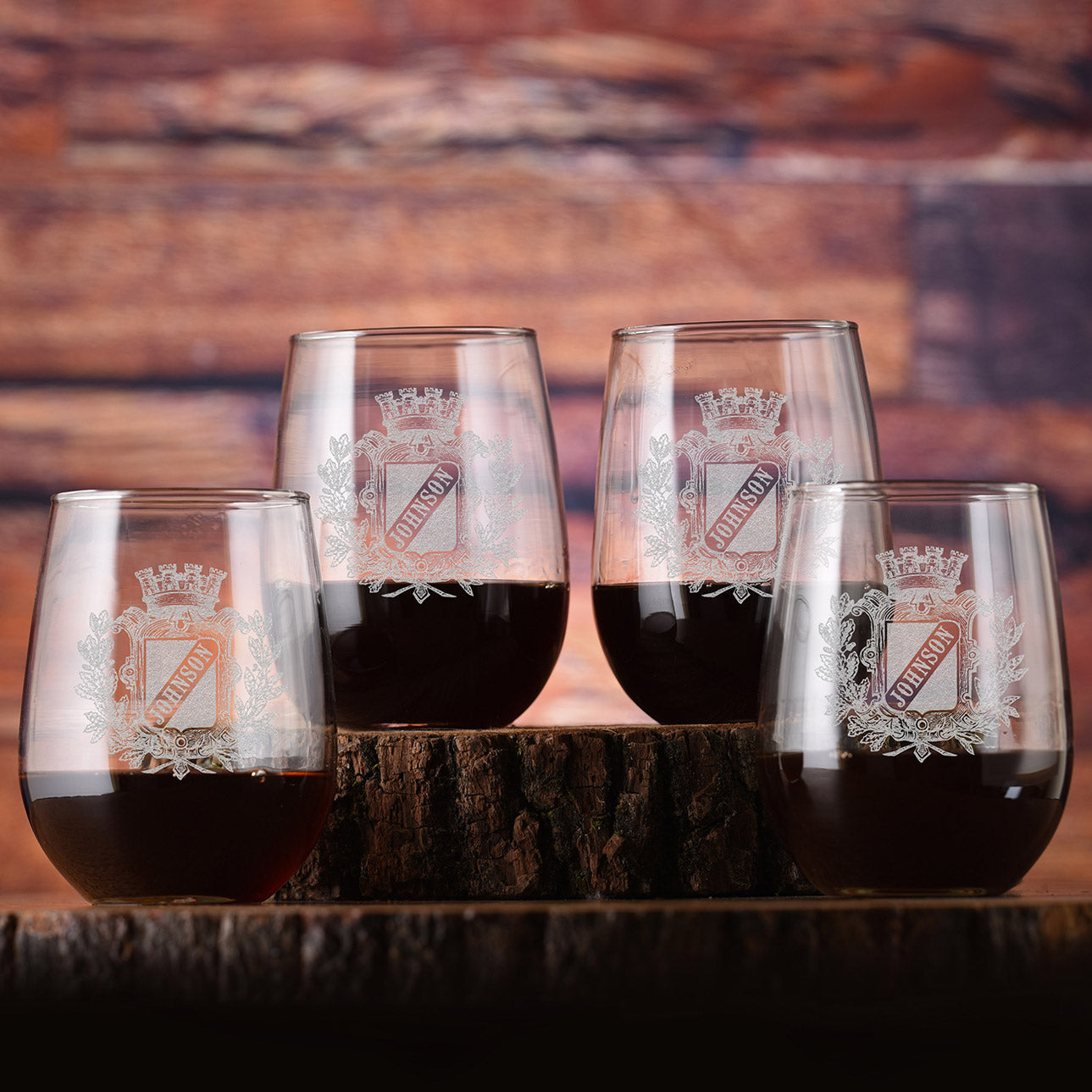 Laser Etched, Family Crest Stemless Wine Glass (Set of 4)