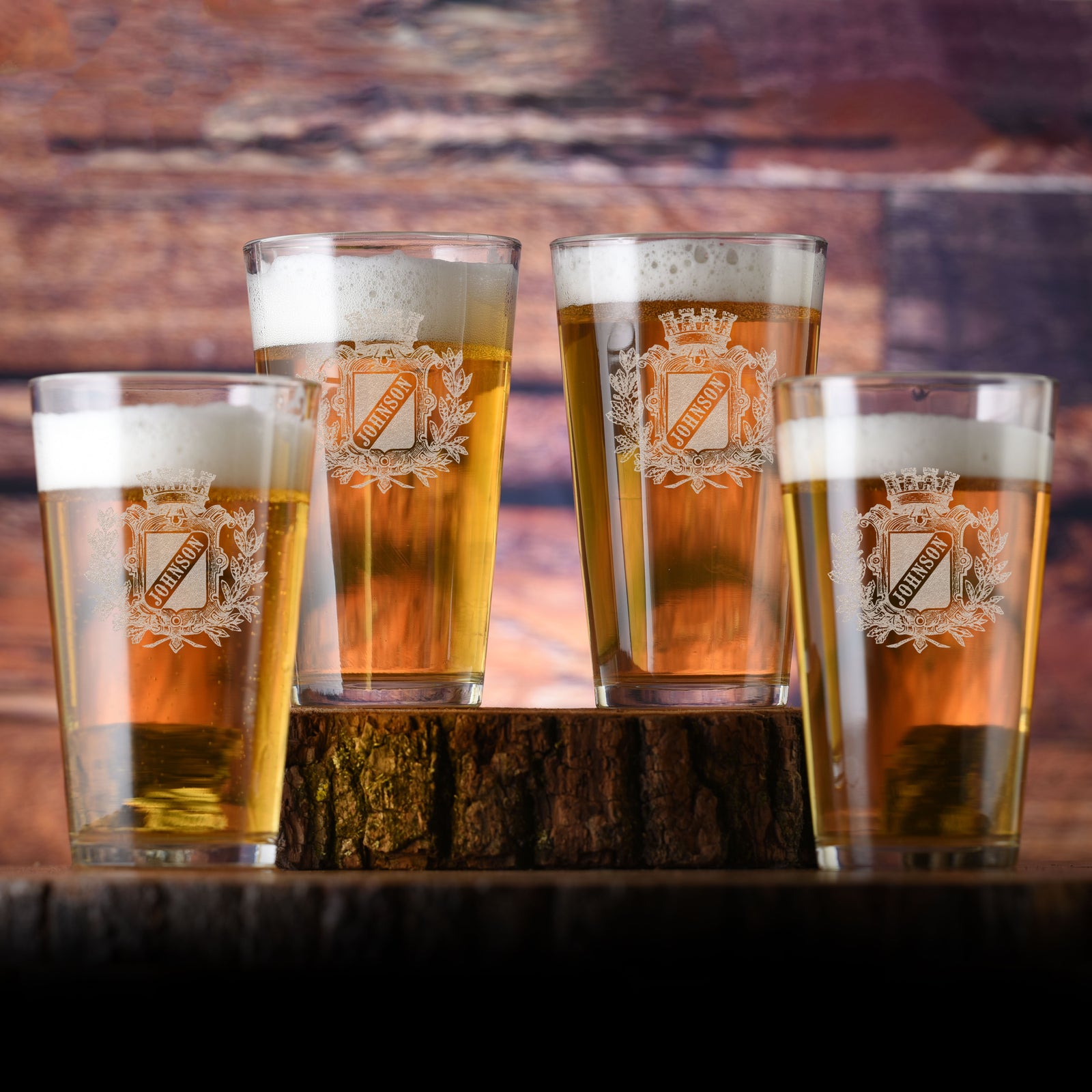 Laser Etched, Family Crest Beer Pint Glass (Set of 4)