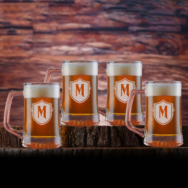 Laser Etched Monogram Beer Mug Glass Gift Set of 4